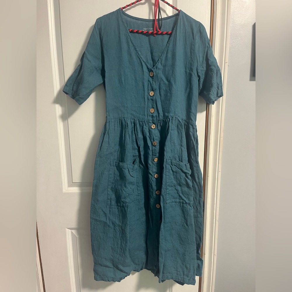 Linen simply grey life slow fashion short sleeve midi dress